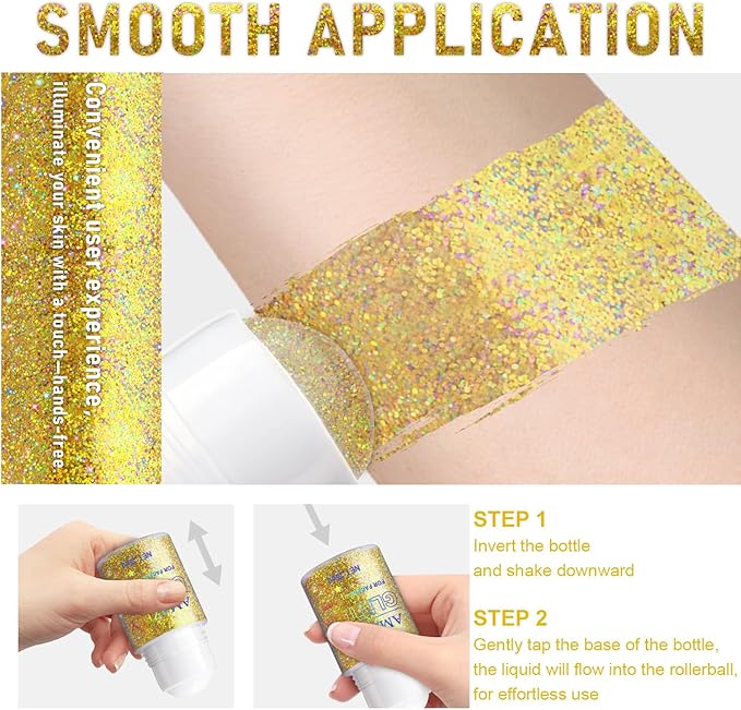 Roll-on Holographic Body Glitter Gel for Face and Hair, Chameleon Color Changing Glitter Gel Under Light, Chunky Mermaid Sequins Festival Party Rave Accessories Body Shimmer Makeup (Gold)