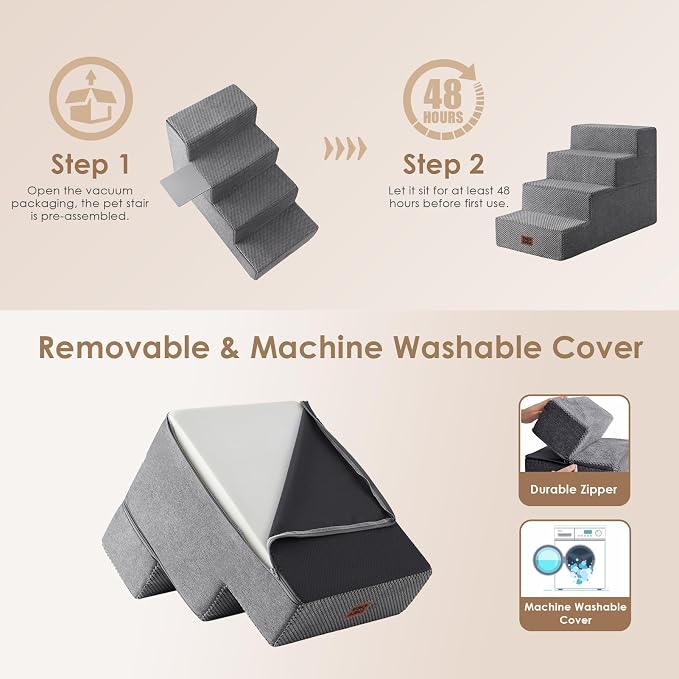 EHEYCIGA Dog Stairs for Bed 20" H, 4-Step Extra Wide Dog Steps, Grey | Pet Steps for Small Dogs and Cats for High Bed, Non-Slip Balanced Pet Ramp Indoor