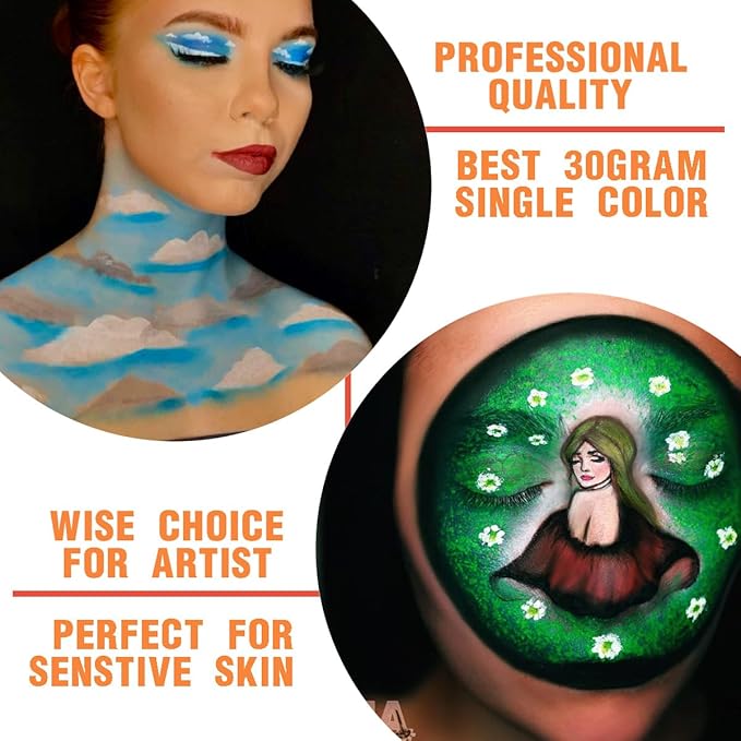 Bowitzki 30g Professional Face Paint Body Paint Water Based Face painting Makeup Safe for Kids and Adults Split Cake Single Color (Cyan)