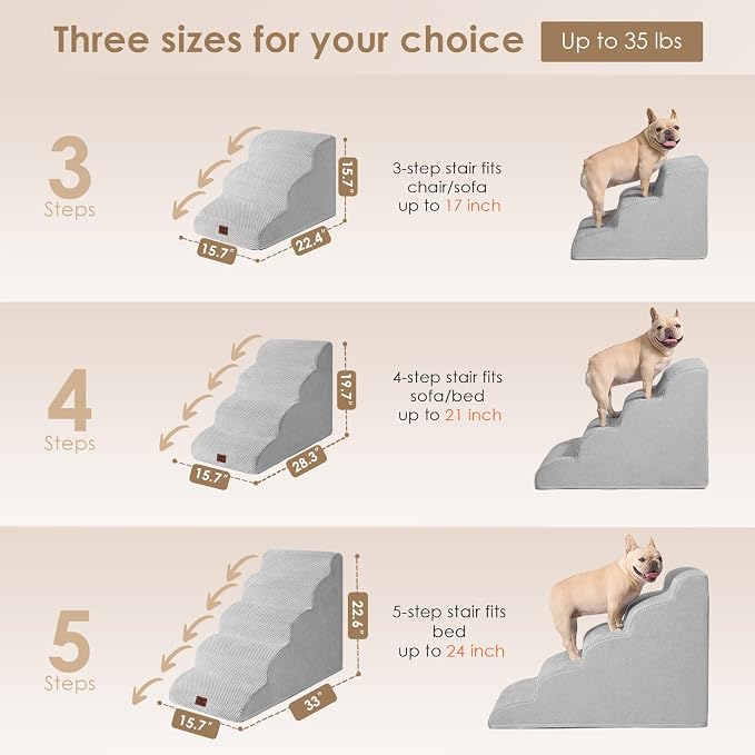 EHEYCIGA Curved Dog Stairs Ramp, 4-Step High Beds, 19.7" H Pet Step | 33D density of pure foam, for Small Dogs and Cats, Pet Stairs for High Bed Climbing, Non-Slip Balanced Indoor, Light Grey