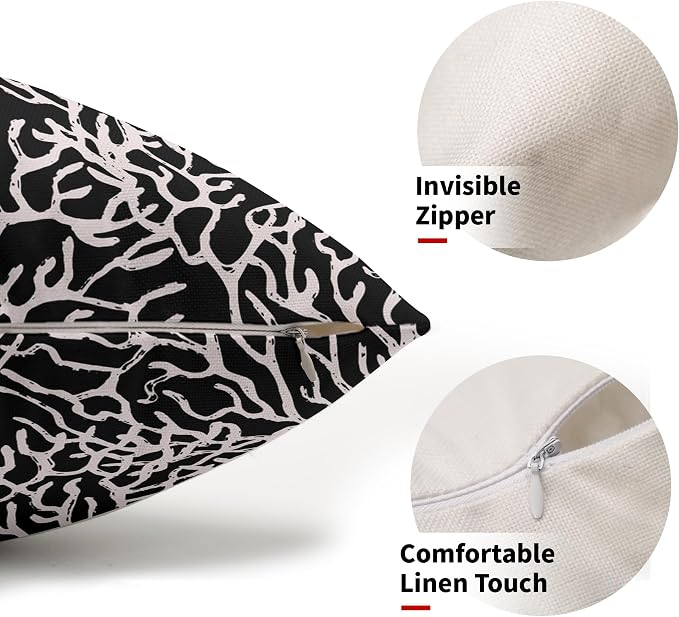 Nautical Coastal Coral Lumbar Pillow Covers 12x20 Inch Set of 2 Summer Ocean Beach Black Decorative Pillow Cases Outdoor Linen Cushion Cover Farmhouse Decor for Bedroom Home Sofa Couch Bed