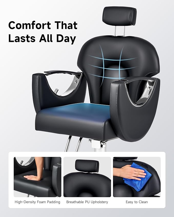 CO-Z Salon Chair for Hair Stylist, Professional Reclining Barber Chair with Hydraulic Pump, Adjustable Height, 360° Swivel, Classic Hairdressing Chair for Barbershop Beauty Spa Tattoo Shop, Black