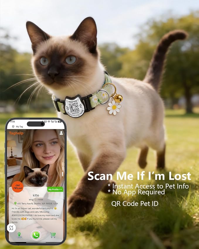 Breakaway Cat Collar with QR Code Tag and Bell (Yellow & Green, Pastoral Style)