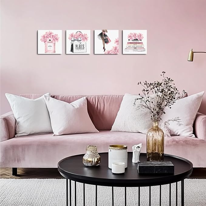 QINGTAI 4 Pcs Pink Fashion Canvas Wall Art, Perfume Handbag Wall Decor | Aesthetic Framed Posters Art Prints Artwork Pink Pictures for Women Girls Room Apartment Vogue Living Room Decor 8x8 Inch