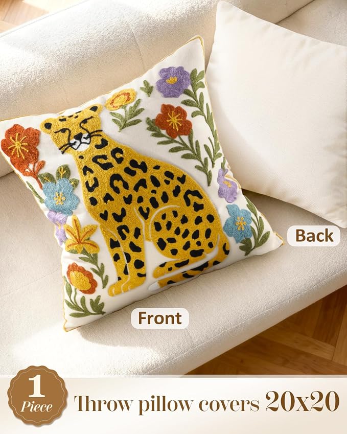 Animal Embroidered Throw Pillow Cover 20x20 Inch, Leopard Floral | Decorative Pillow Cover, Boho Cushion Cases with Hidden Zipper, Fall Decor for Couch, Sofa, Living Room, Bedroom