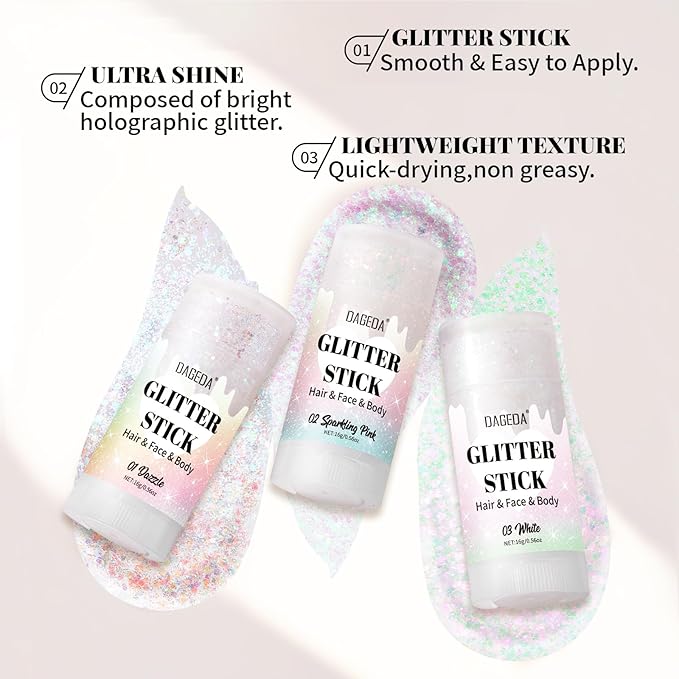 DAGEDA White Body Glitter Stick,Sparkly Face Glitter Makeup,Holographic Hair Glitters Mermaid Makeup Rave Outfits for Women, Shimmer Face Paint Stick Singer Concert Accessories