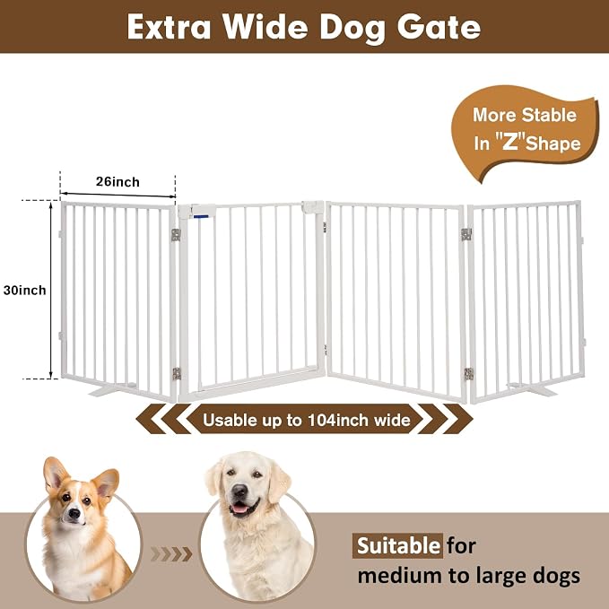 104" Extra Wide Dog Gate, Heavy Duty Metal Freestanding Dog Gate with Door for Indoor & Outdoor, Foldable Pet Fence for Doorways,House,Porch,Deck,Yard,Stairs, Auto Close(4 Panels,White)