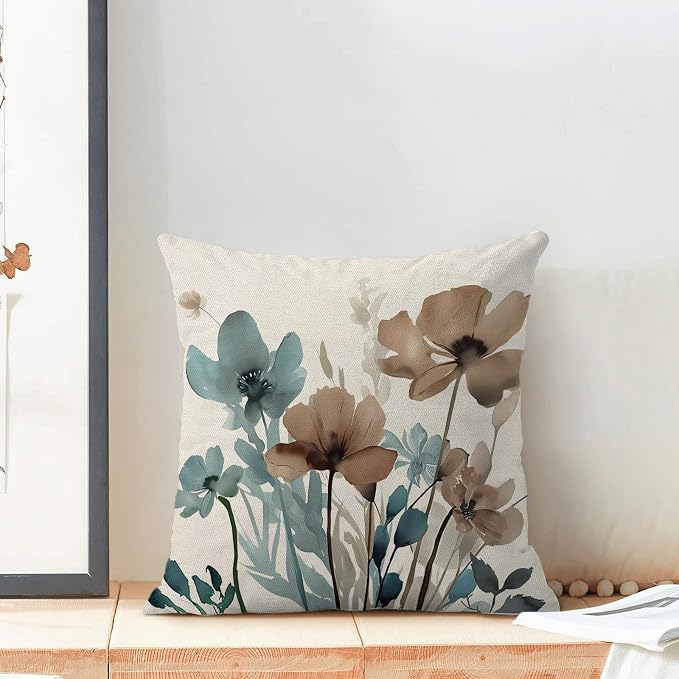 Spring Floral Pillow Covers 18x18 Inches Set of 2 Blue Brown Floral Throw Pillow Covers Outdoor Rustic Summer Flower Decoration Pillowcase Farmhouse Decorative Cushion Cover For Home Sofa Couch