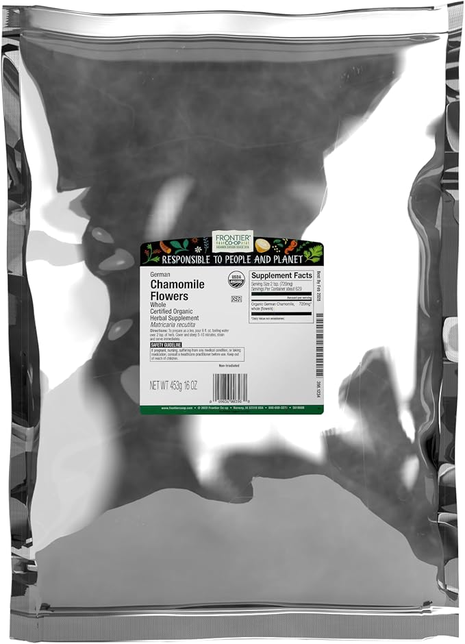 Frontier Co-op Organic German Whole Chamomile Flowers, 1-pound Bulk Bag, Makes Relaxing/Calming Tea, Kosher, Non Irradiated