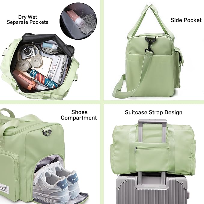 Suruid Travel Duffel Bag with Shoes Compartment Sports Gym Bag with Dry Wet Separated Pocket for Men and Women, Overnight Bag Weekender Bag Training Handbag Yoga Bag - Green