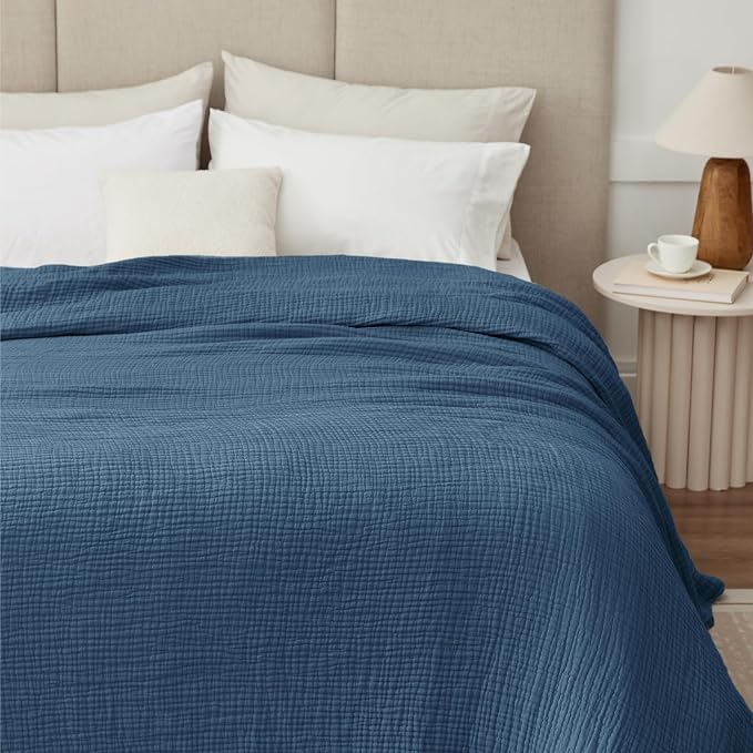 100% Cotton Muslin Blanket King 108" x 90", 6 Layers Breathable and Lightweight Cotton Throw Blanket for Bed, Soft Quilt Bedspread Coverlet, Gauze Blanket for Adults All Season, Dark Blue