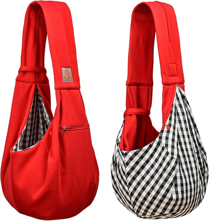 Tomkas Small Dog Cat Sling Carrier Puppy Purse Travel Wrap Soft Crossbody Pet Bag (Red, M - Zip Pocket & Classic Strap)
