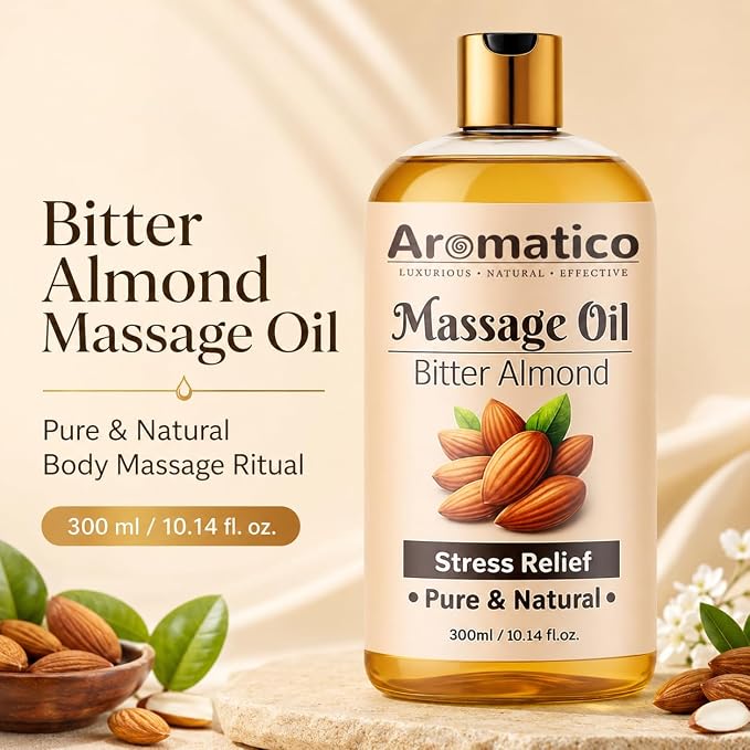 AROMATICO Almond Massage Oil. Hydrates & nourishes Skin, soothes Irritation, Improves Texture & Promotes Relaxation - 10 Fl Oz Rich in Vitamins & Essential Fatty acids, enhances Circulation.