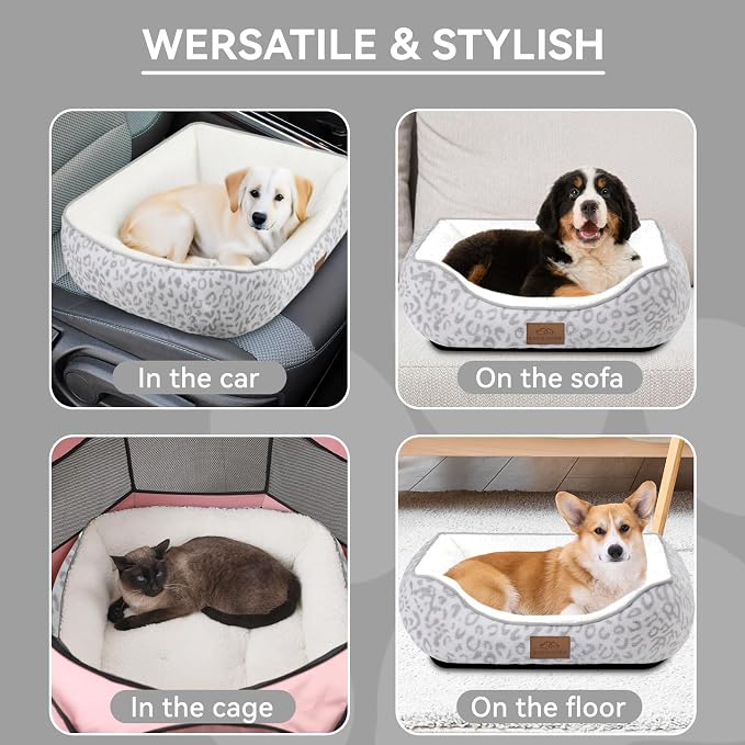 Zerbuger 25in White Leopard Rectangle Cat Dog Bed Machine Washable Sofa | Sleeping for Large Medium Small Pets Indoor Outdoor, Non-Slip Bottom Soft Puppy Bed Durable Orthopedic Calming Pet Cuddler
