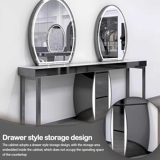 2-Person Salon Station for Hair Stylist with Curved Cabinet & Glowing Accents, Barber Station includes Oval LED Mirror, Large Capacity Storage