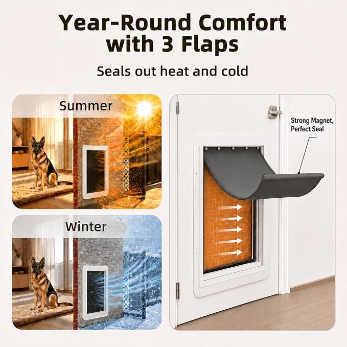 URSPET Large Dog Door for Door, 3-Flap Insulated, Steel Frame, White | 10.25 x 16.25 in Usable Opening, For 1.7-2.4 in Doors, Compatible with PetSafe Door Cutouts, Lock Panel, Replaceable Flaps