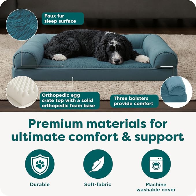 FurHaven Orthopedic Dog Bed for Large Dogs, Sofa Contour Mattress with Egg Crate with a Solid Orthopedic Foam Base for Joint Support, Removable Washable Cover, Large, Plush & Suede, Deep Pool