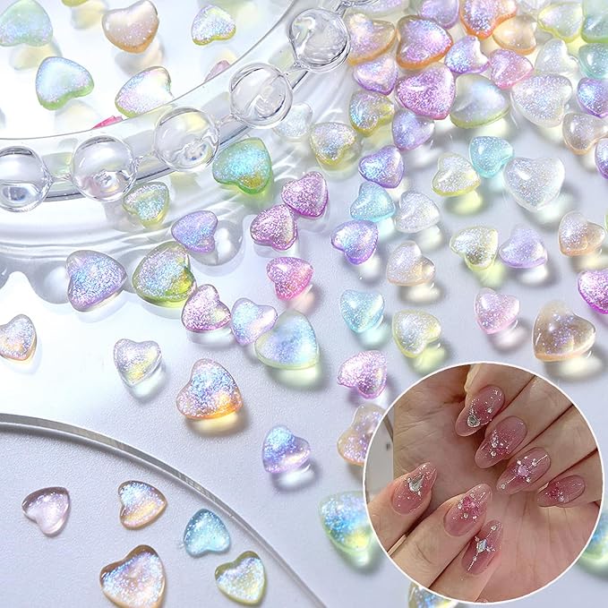 100PCS Mini Love Heart Nail Charms 3D Light Pink Heart Rhinestone Love Japanese Korean Super Sparkling Flat-Back Colorful Small Peach Hearts Resin Nail Accessories DIY Design for Acrylic Nails Decor