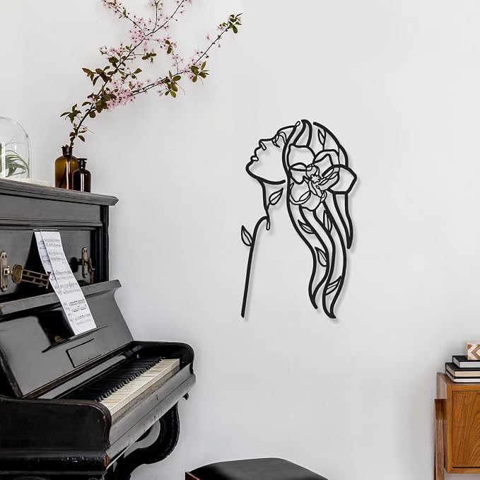 Photect 4 Pieces Metal Wall Art Decor Black Single Line Art Drawing Minimalist Abstract Female Woman Wall Sculptures Hanging Decor Accents for Bathroom Living Room(Modern)