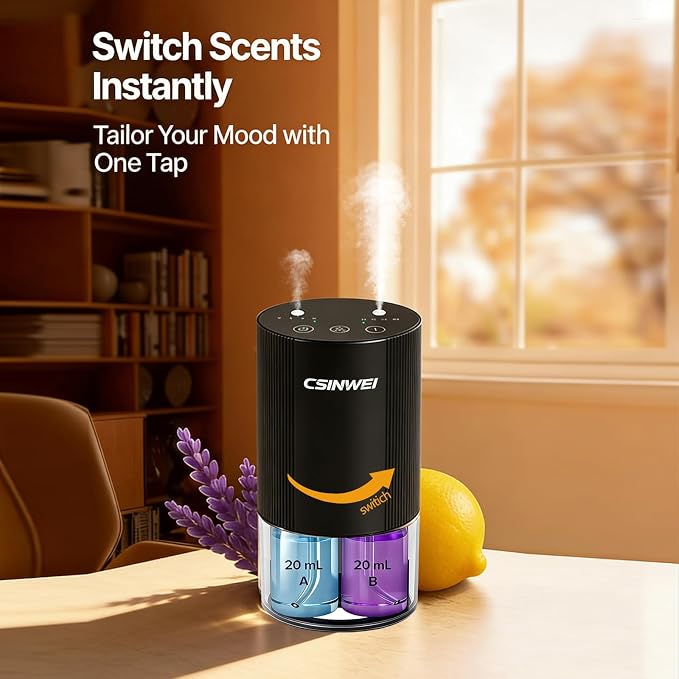 Dual Nozzle Waterless Essential Oil Diffuser, Portable Car Diffuser with Rechargeable Battery, Cordless Aromatherapy Diffuser for Home Office Bedroom, USB-C Nebulizing, 600 Sq Ft Coverage