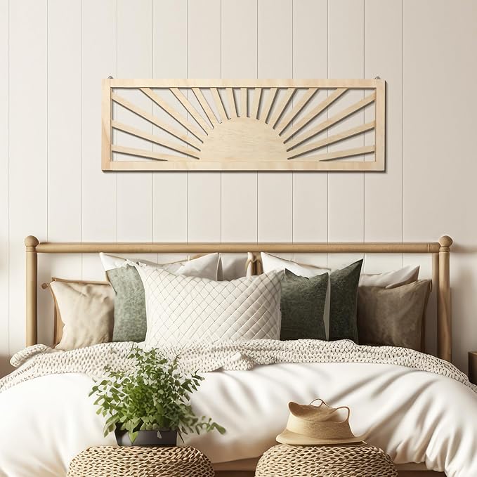 Burbell Horizontal Sun Wall Art 35"x12" Boho Wooden Room Decor,Wood Color | Long Panoramic Sun Art Above Bed, Vintage Bohemian Design, Carved Hollow Frame, Farmhouse Decor for Living Room Bedroom