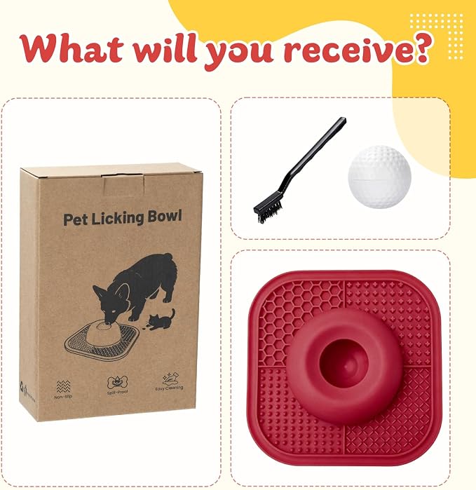Slow Feeder Dog Bowls & Lick Mat for Liquid and Thick Treat, Anti-Slip Dog Lick Bowl with Interactive Rolling Ball, 5/6 Cup Pup Licking Toy for Large Medium Small Dogs and Cats Red