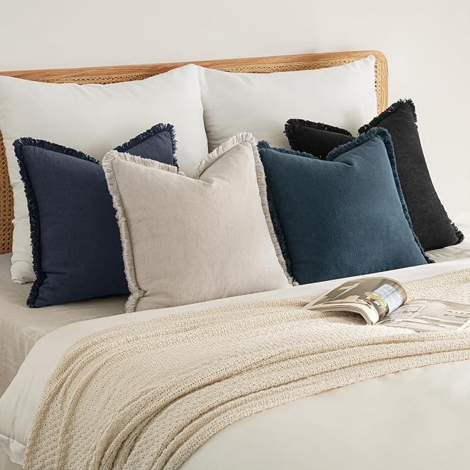 MIULEE Fall Linen Fringe Pillow Covers Set of 4 18x18 Beige/Coastal Blue | Boho Farmhouse Decorative Throw Pillow Covers, Neutral Soft Rustic Cushion Cases, for Couch Sofa Bed Living Room Home Decor
