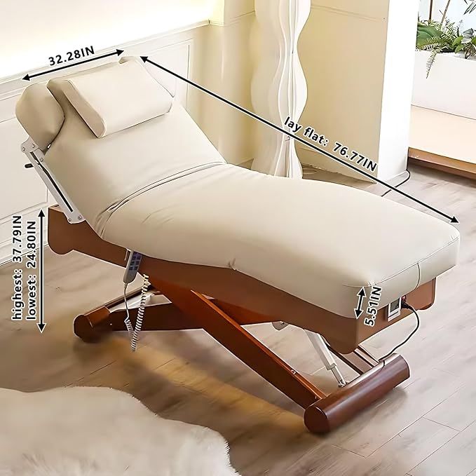 Electric Treatment Massage Table with Wooden Cross Base Design,Beauty Spa Bed Includes One-Button Lifting Function,Heating Design for Beauty Salon,Massage Shop(Wood Color)