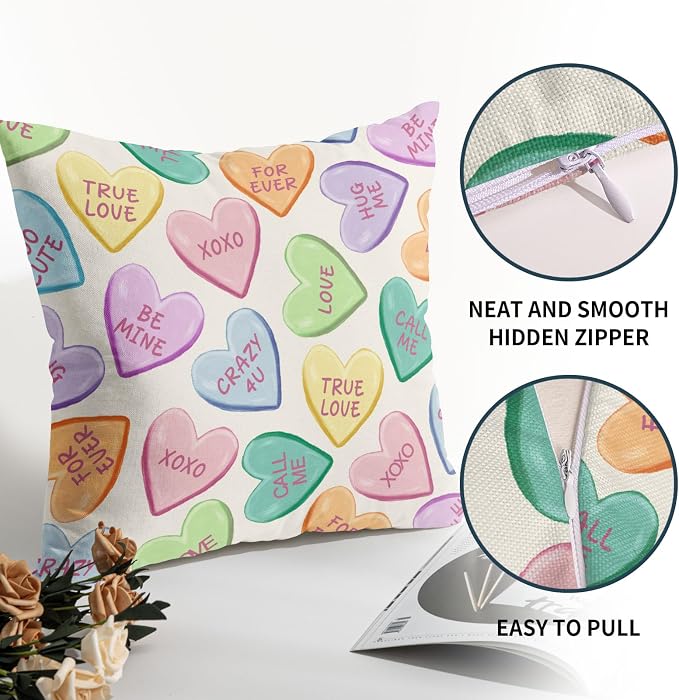 Valentine's Day Pillow Covers 22X22 Inch Set of 2 Colorful Cute Hearts Decorative Pillow Cases Candy Love Heart Anniversary Wedding Cushion Case Valentine Party Home Decor for Sofa Couch