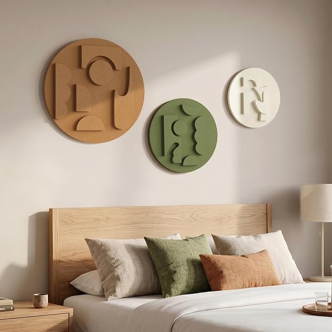 3D Textured Round Abstract Wall Art Set, 3-Piece Modern Minimalist Boho Geometric Sculptures Artwork for Walls, White Terracotta Green Paintings Wall Decor for Living Room Bedroom Dining Room Office
