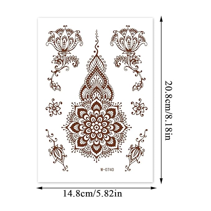 6 Sheets Henna Tattoos Temporary Stickers Reddish Brown Floral Geometric Waterproof Henna Tattoos for Women Indian Diwali Supplies Wedding Party Festivals Decoration