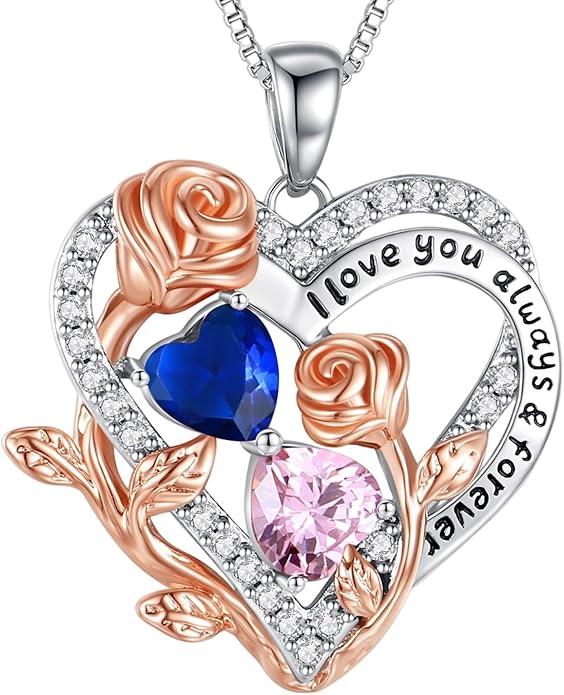 I Love You Birthstone Necklace, 925 Sterling Silver Heart Pendant with CZ Diamond Stones, Birthday Gifts for Women, Romantic Gift for Wife, Girlfriend, Her, Anniversary, Valentine's Day, Christmas