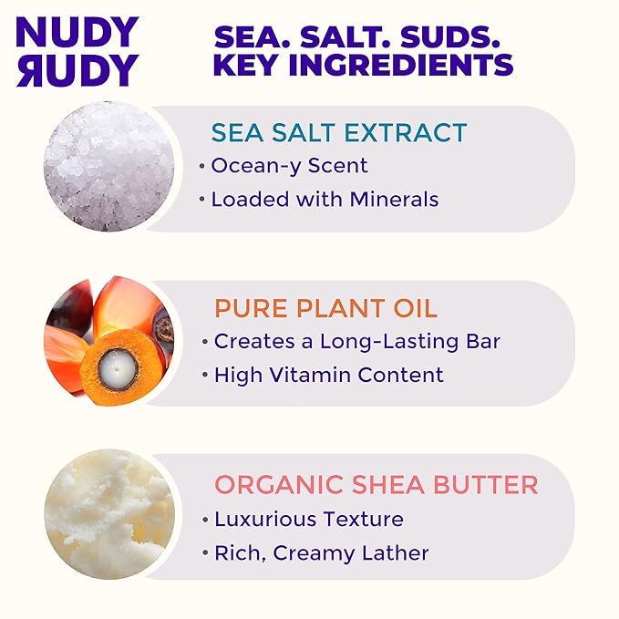 Nudy Rudy Sea Salt Suds Soap Bar Puck, Made with Organic Shea Butter and Sea Salt, Triple Milled Bar, No Harsh Ingredients, All Skin Types, 4.2 oz, Made in Australia