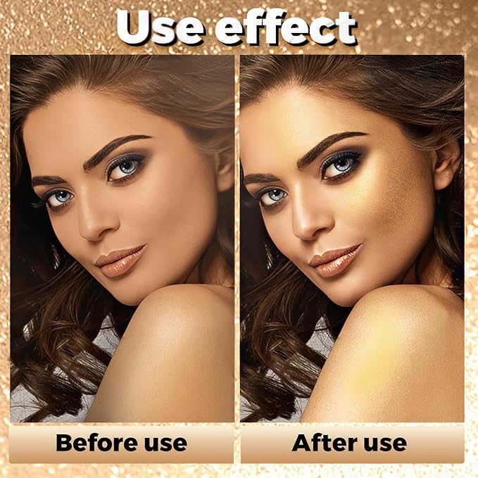 Body Shimmer Powder, Body Glitter Powder with Sponge Head, 3D Contour & Long Lasting Luminous, Glow Highlighter Makeup for Face, Eyes, Hair, Perfect for Daily, Party (Gold, 1.13 Oz)