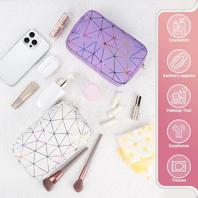 Tampon Holder for Purse Period Bag Waterproof Geometric PU Sanitary Napkin Storage Bag Portable Menstrual Cup Pad Pouch Cute Makeup Bag Feminine Gift Vibrant White
