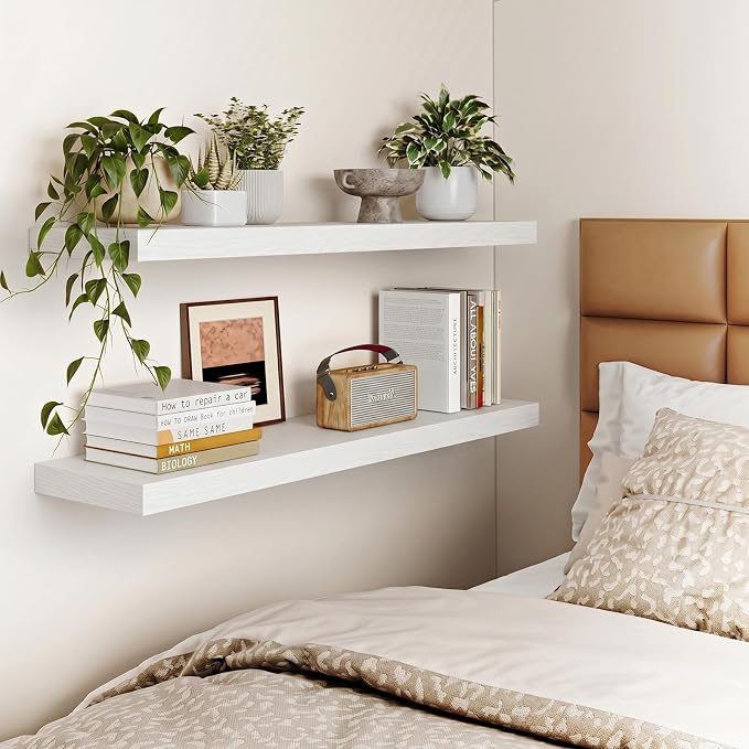 Fixwal Floating Wall Shelves for Decor (White, Set of 2, 35.4Inch) | MDF Shelf with Metal Brackets, Space Saving for Books , Decor, Fits Bathroom, Kitchen, Bedroom, or Office