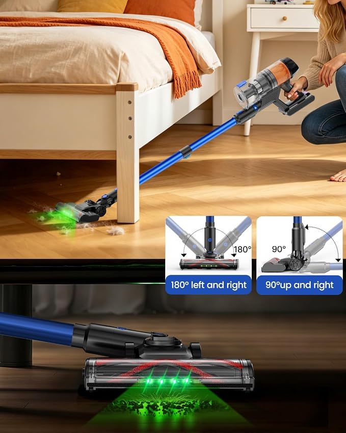Cordless Vacuum Cleaner, 500W 40KPa 60Mins Vacuum Cleaners for Home, Anti-Tangle Rechargeable Vacuum with Green Light Wireless Vacumm for Pet Hair/Carpet/Hardwood Floor Blue