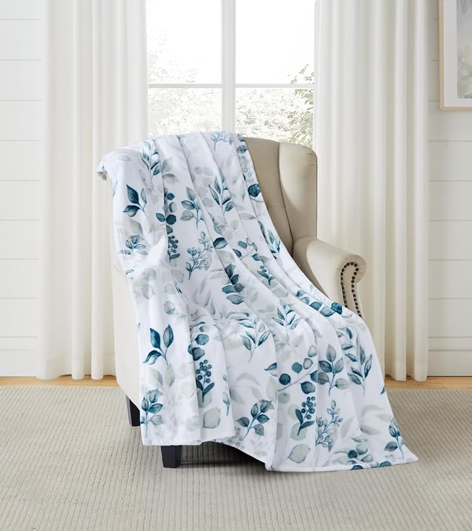 Throw Blanket: Velvelty Soft, Durable Fleece Accent for Bed or Couch (Teal and Gray Berries, 50 x 70 inches)