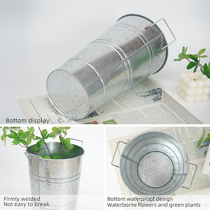 Notakia 10.62 Inch Galvanized Metal Vases Farmhouse French Flower Bucket Vases for Cut Flowers for Home Decor and Wedding Table Centerpiece Decorations (Medium Silver 8Pcs)