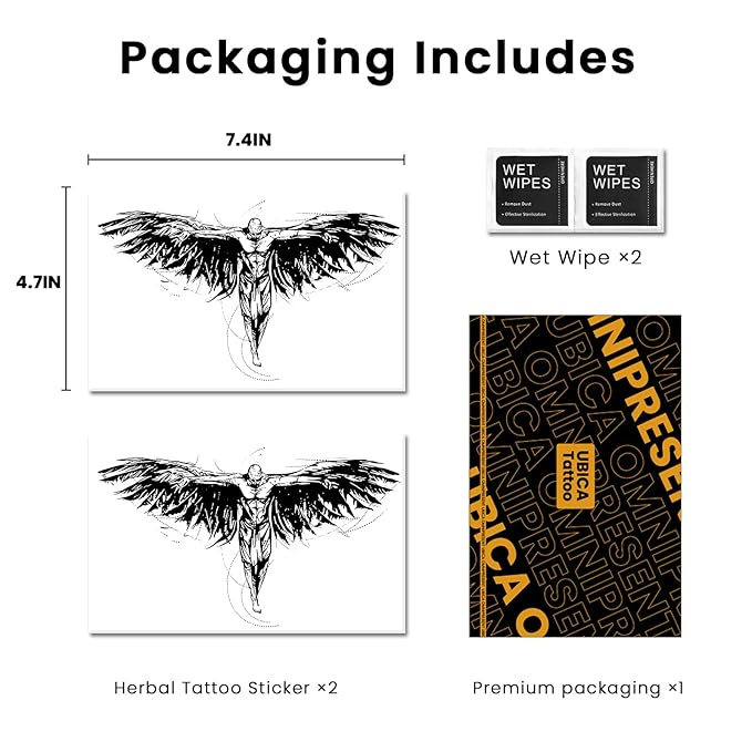 Semi Permanent Tattoo for Men(Large), 2 Sheets Angel Wing Tattoos, Lasts 7-15 Days, Develops Fully in 48H, Realistic, Waterproof and Non-Reflective, for Back Chest
