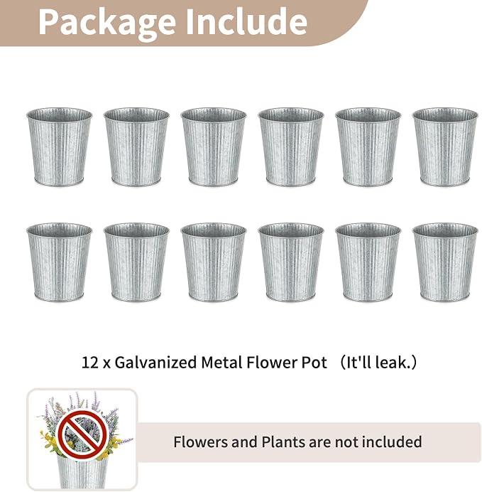 NUPTIO Galvanized Vases for Centerpiece, 5" Small Ribbed Vase, 12 Pcs | Rustic Metal Planter Pots, for Flowers, Wedding, Table, Home, Decor
