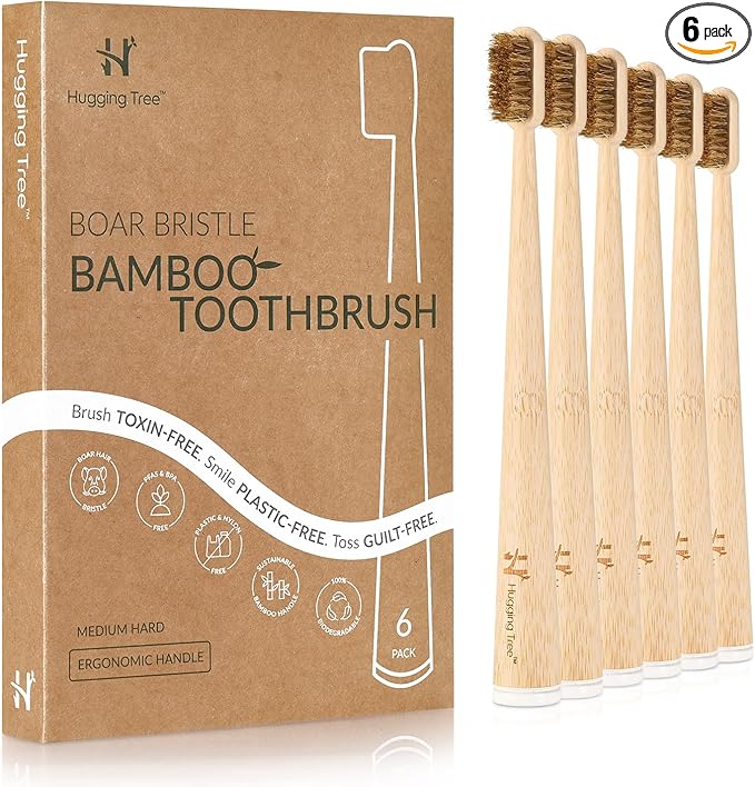 Hugging Tree Boar Bristle Bamboo Toothbrush, Made from Natural Boar Hair Bristles, Plastic-Free (Pack of 6)