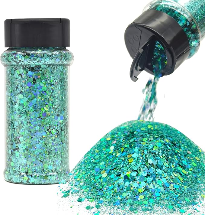 Green Blue Mermaid - Craft Glitter - 2oz Glitter Shaker Bright Colorful Holographic Mix Chunky Body Glitter Bulk Wholesale 24 Colors in Shaker Cosmetic Glitter - EBLB702