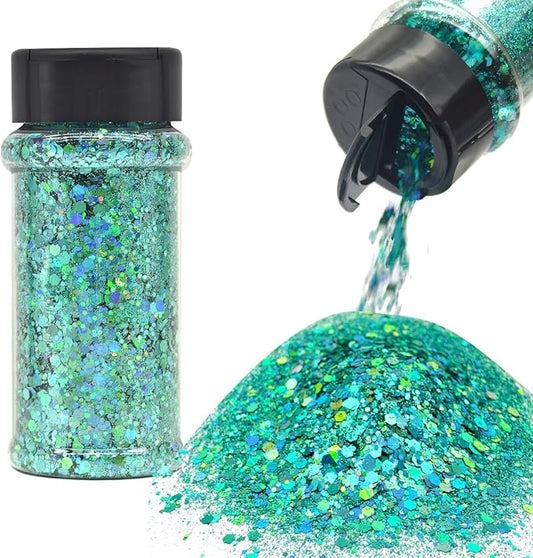 Green Blue Mermaid - Craft Glitter - 2oz Glitter Shaker Bright Colorful Holographic Mix Chunky Body Glitter Bulk Wholesale 24 Colors in Shaker Cosmetic Glitter - EBLB702