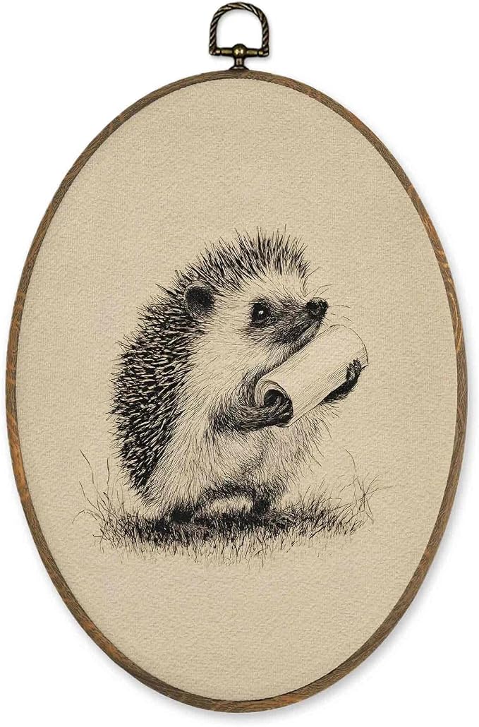 LKETW Funny Hedgehog Bathroom Oval Wall Art Decor, Farmhouse Bathroom Oval Canvas Hanging Decor, Whimsical Sketch Hedgehog Holding Toilet Paper Wall Decorations for Washroom Restroom, 8.6x11.4 Inch