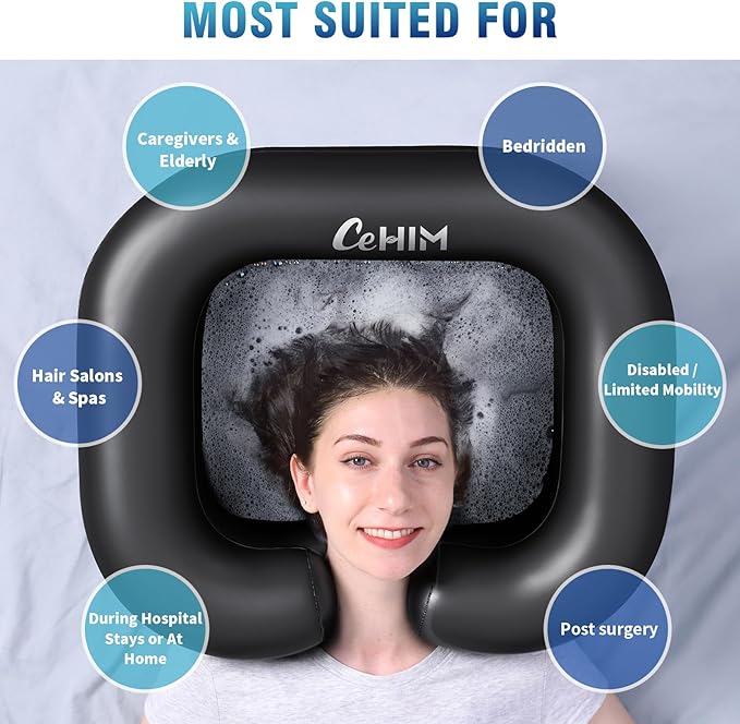 Inflatable Shampoo Basin - Portable Shampoo Bowl, Hair Washing Basin for Bedridden, Disabled,Injured, Hair Wash Tub for Dreadlocks and at Home Sink Washing (Black)