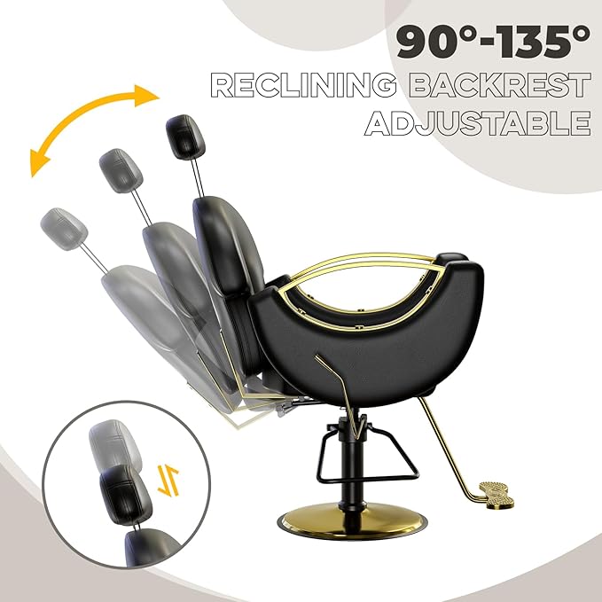 Barber Salon Chair, Reclining Salon Chair with Heavy Duty Hydraulic Pump, 360° Swivel and Height Adjustable, 330 LBS Capacity Spa Beauty Equipment Hairdresser Armchair for Barbershop- Black & Gold