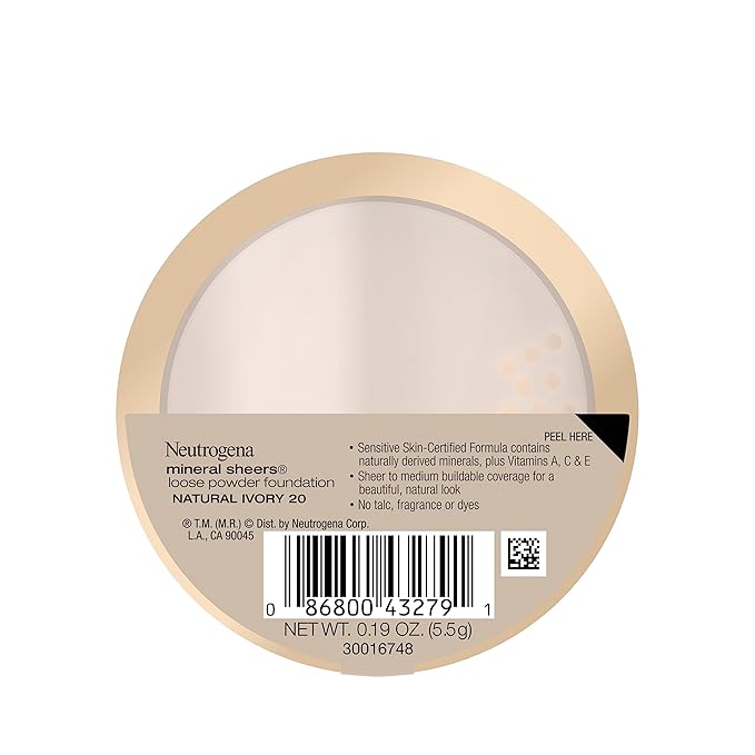 Neutrogena Mineral Sheers Loose Powder Makeup Foundation Lightweight Face Makeup Sheer to Medium Buildable Coverage-Sensitive Skin Foundation with Vitamin A, C, & E, Natural Ivory 20,19 oz (Pack of 2)
