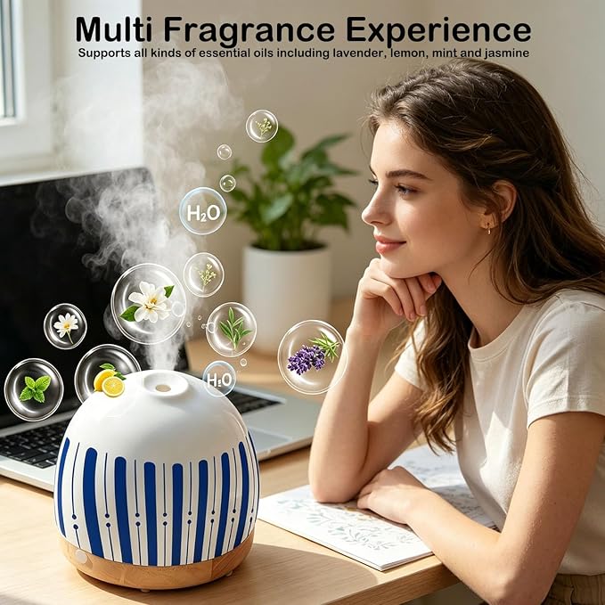 Essential Oil Diffuser Aromatherapy for Large Home, 300ML Aromatherapy Diffuser Humidifier, 3 Color LED Lights, Quiet Cool Mist Diffuser for Bedroom, Office, Gift for Mom Friend Women Gift (Blue)
