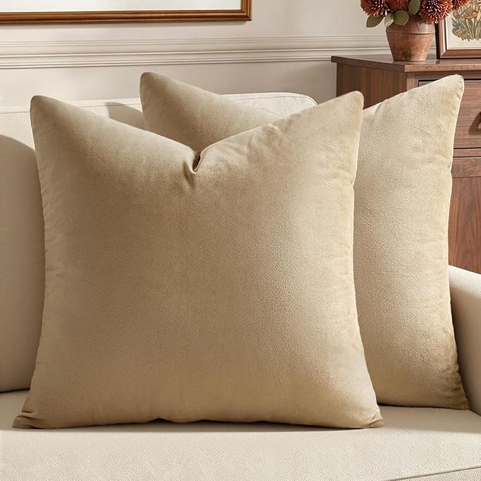 MIULEE Velvet Throw Pillow Covers 20x20 Inch Pack of 2 Beige | Soft Solid Decorative Pillow Covers, Modern Luxury Home Decor, for Couch Chair Sofa Bedroom Livingroom